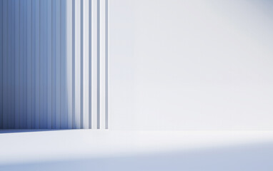 Poster - Empty room featuring light blue striped wall and floor background with sunlight. High quality photo