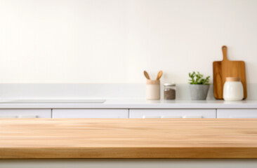 Poster - Empty wooden table over blurred minimalist kitchen interior background, product display montage. High quality photo