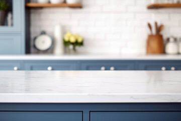 Empty white marble counter top in modern kitchen blue color with blurred background. High quality photo