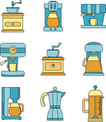 Wall Mural - Coffee maker pot espresso cafe icons set. Outline illustration of 9 coffee maker pot espresso cafe vector icons thin line color flat on white