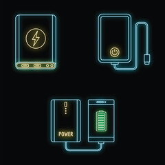 Poster - phone power bank icon set. outline set of phone power bank vector icons neon color on black