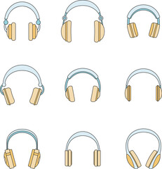 Poster - headphones music listen speakers headset icons set. outline illustration of 9 headphones music liste