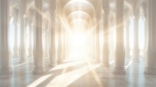 Sunlight Gently Filters Through The Columns, Casting A Warm Glow In The Long, White Corridor, Creating A Serene And Inviting Ambiance.