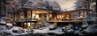 countryside holiday in the forest, winter season and vacation, modern one story house among trees. warm and cozy concept. banner