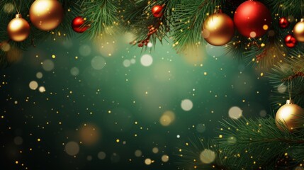 christmas, new years eve green background. holiday template with christmas red and gold ball on fir 