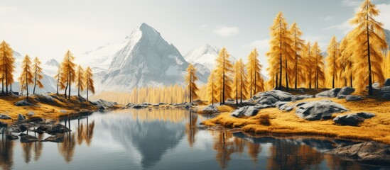 Sticker - A mountain landscape in autumn adorned with golden larch trees