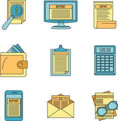 Poster - Expense report transaction icon set. Outline set of expense report transaction vector icons thin line color flat on white