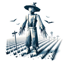 Geometric Polygonal Scarecrow In Farmland Landscape - Concept Of Modern Art, Agriculture, Nature Protection, And Digital Transformation In Rural Settings