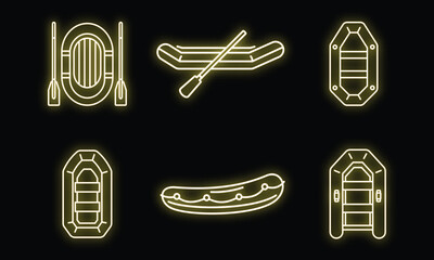 Poster - Rubber inflatable boat icon set. Outline set of rubber inflatable boat vector icons neon color on black