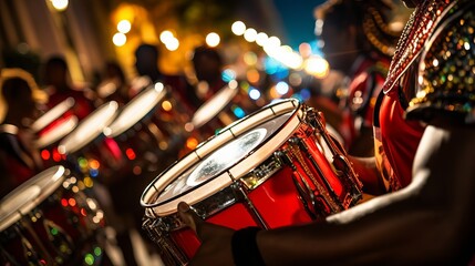 Canvas Print - tambourines being played within the roads amid a samba execution at the brazilian road carnival