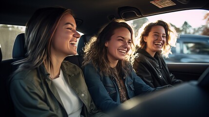 Three female companions on a street trip driving together in an open car, near up