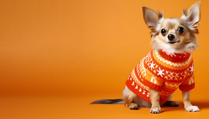 Wall Mural - A charming small dog wearing a Christmas sweater set against an orange backdrop