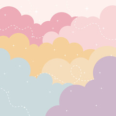  Vector Cute Kawaii Pastel cloud flat cartoon background with stars and scribbles