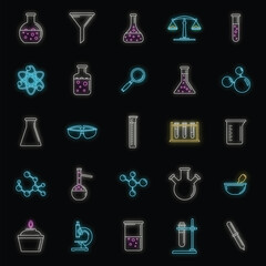 Poster - Science laboratory icon set. Outline set of science laboratory vector icons neon color on black