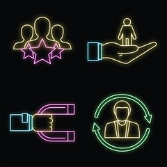 Poster - Customer retention management icon set. Outline set of customer retention management vector icons neon color on black