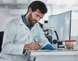 Aufkleber - Science, man and writing notes in laboratory for research analysis, biotechnology test or review results. Data report, scientist and paperwork planning of solution, investigation and innovation ideas