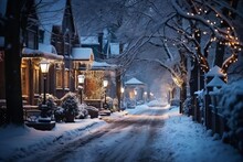 City Street In Winter, Exteriors Of Houses Decorated For Christmas Or New Year's Holiday, Snow, Street Lights, Festive Environment