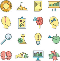 Poster - Problem solution icon set. Outline set of problem solution vector icons thin line color flat on white