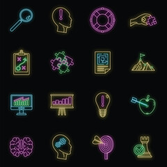 Poster - Problem solution icon set. Outline set of problem solution vector icons neon color on black