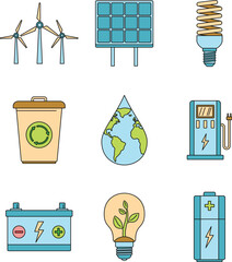 Poster - Save energy icon set. Outline set of save energy vector icons thin line color flat on white