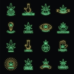 Sticker - Cannabis logo set. Outline set of cannabis vector logo neon color on black