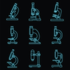 Poster - biology microscope icon set. outline set of biology microscope vector icons neon color on black