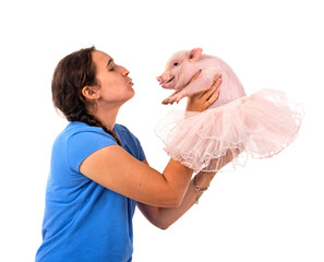 Wall Mural - miniature pig and woman in studio