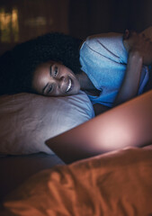 Canvas Print - Laptop, smile and woman in bedroom at night for website, online social media and relax in home. Bed, computer and person streaming movie, internet film and video on technology with insomnia in house.