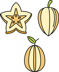 Poster - Carambola star fruit icons set. Outline set of carambola star fruit vector icons thin line color flat on white