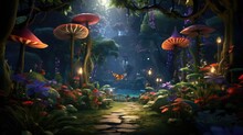Luminous Forest Path With Oversized Mushrooms And Glowing Lights. Enchanted Woodland Ambiance.