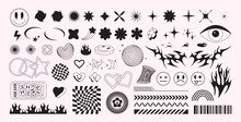 Y2k Geometric Black Shapes, Figures, Icons. Set Of Abstract Acid Rave Elements. Retro Funky Flowers, Stars, Emoji, Checkered Pattern, Hearts. 2000s Tattoo Design. Minimal Vector Graphic