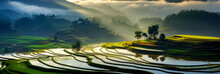 High Panoramic View Of Beautiful Green Rice Paddy Fields In Asia. Stunning Travel Background