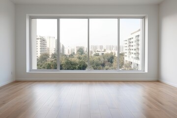 Empty modern room with white walls and large windows Minimalist interior design in a luxury apartment The space is clean and contemporary by Generative AI