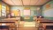 cartoon style empty classroom: 3D render illustration of school interior with No students. back to school design template