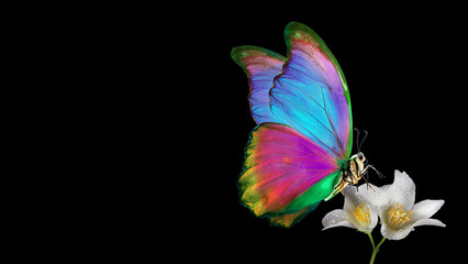 Aufkleber - bright tropical morpho butterfly on jasmine flowers in dew drops isolated on black