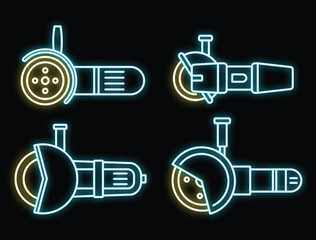 Poster - electric angle grinder icon set. outline set of electric angle grinder vector icons neon color on bl