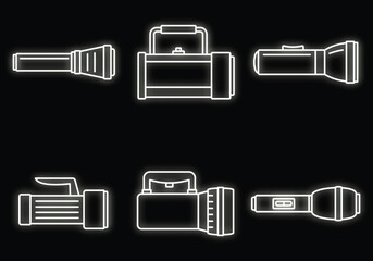 Poster - emergency flashlight icon set. outline set of emergency flashlight vector icons neon color on black