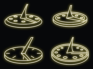Poster - Antique sundial icons set. Outline set of antique sundial vector icons neon color on black