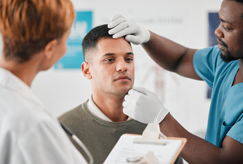 Aufkleber - Doctor, nurse and patient, healthcare and test with people in hospital, check vitals with wellness in medicine. Medical exam, men and woman in clinic, checklist with health insurance and consultation