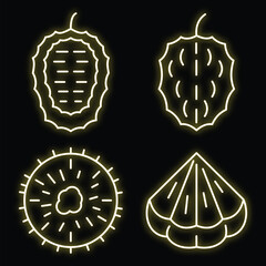 Poster - Soursop icons set. Outline set of soursop vector icons neon color on black