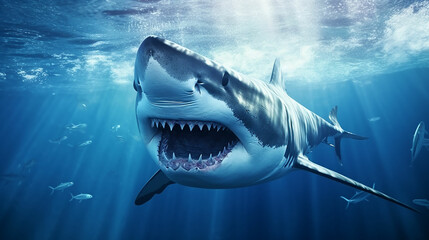 Canvas Print - Ocean shark bottom view from below. Open toothy dangerous mouth with many teeth. Underwater blue sea waves clear water shark swims forward. Made with genreative ai