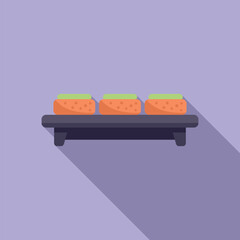 Poster - Sushi roll board with wasabi icon flat vector. Spicy cuisine herb. Sushi diet natural asian snack