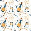 Flat minimalistic hand drawn celebrating seamless pattern. New Year Eve traditional elements in flat style with dotted texture on white background. Ideal for background, wrapping paper, textile