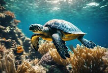 AI Generated Illustration Of A Majestic Sea Turtle Gliding Through The Tranquil Ocean Waters