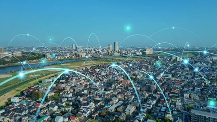 Poster - Smart city and communication network concept. Smart city. Super city. Internet of Things. 5G telecommunication.