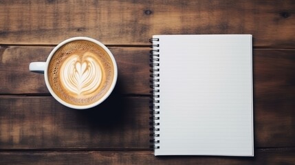 Poster - Top view of blank notebook, pen, black coffee on rough wooden table, study concept
