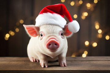 Poster - Cute little festive pig wearing a Father Christmas santa hat