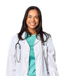 © Asier - Young Filipina doctor with stethoscope in studio happy, smiling and cheerful.