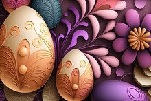 AI Generated Illustration Of Colorful Easter Eggs On A Purple Background Decorated With Flowers