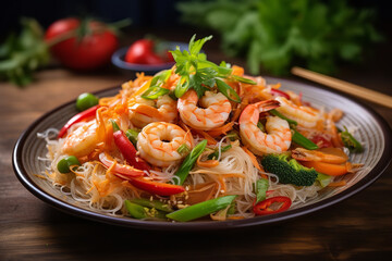 Poster - A dish of stir-fried rice noodles with shrimp and assorted vegetables, garnished with chopped scallions